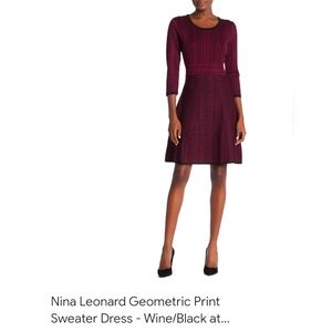 Nina Leonard Geometric Print Sweater Dress. Size Small Red Wine and Black